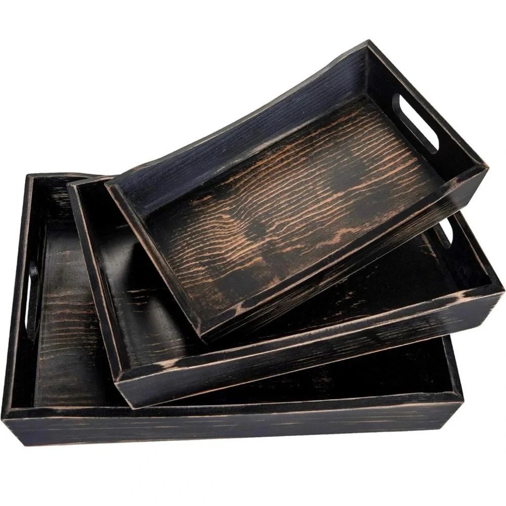 Rustic Black Wooden Tray Set